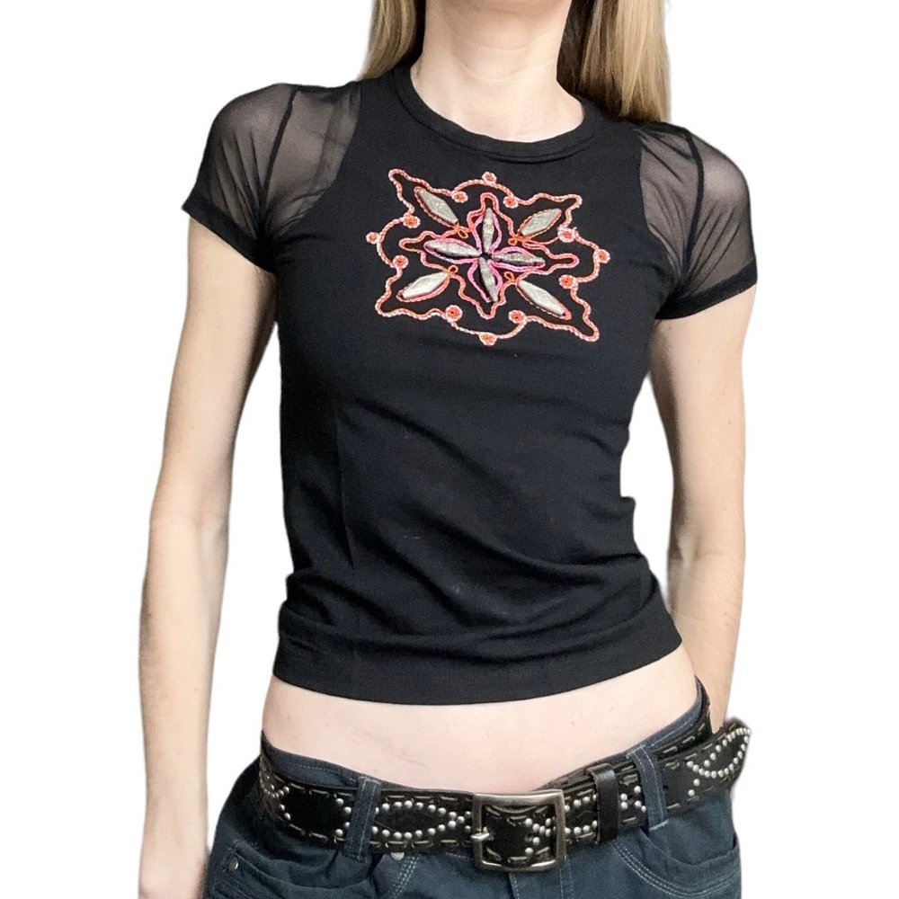 Save The Queen black mesh embroidered and beaded t-shirt top